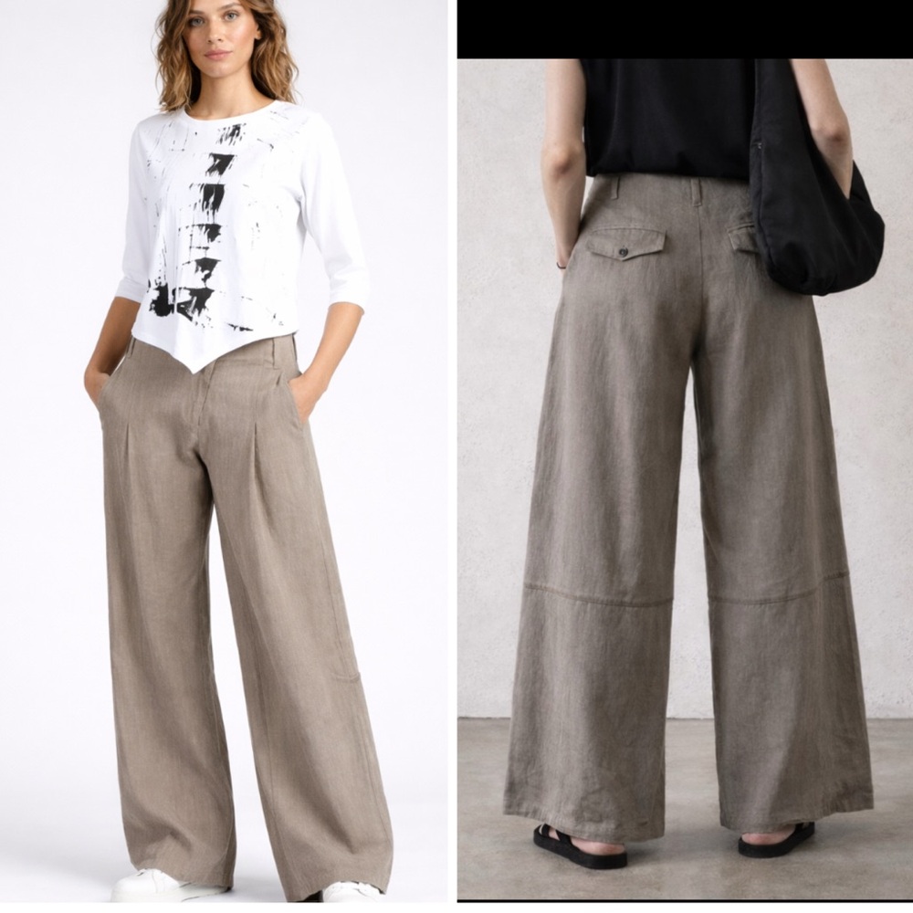 Lurdes Bergada Wide-Leg Ramie Pants – Taupe Asymmetrical Waist | Size L